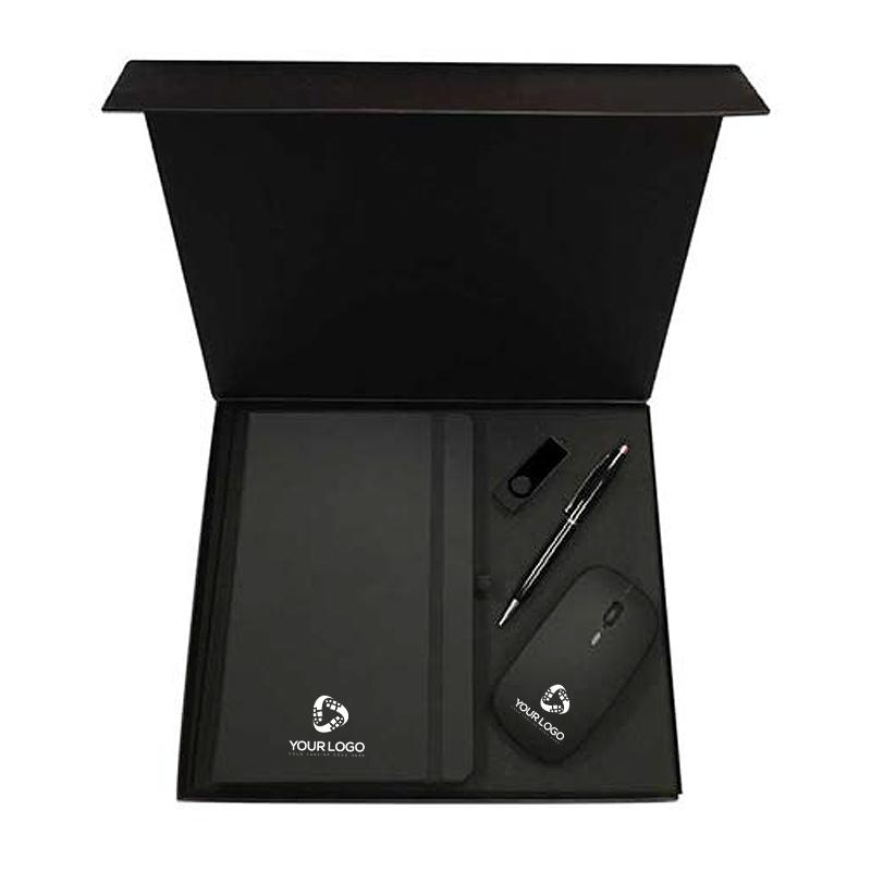 Budget Friendly Medium Sized Customized Gift Set - Black White Box Swivel USB